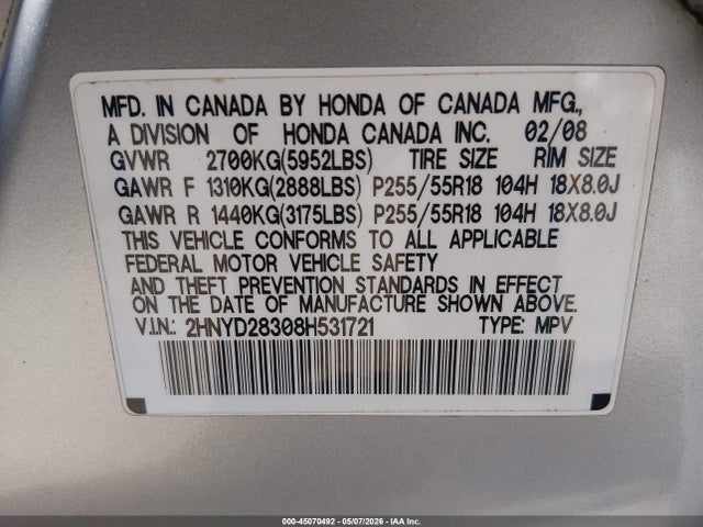Продаж на аукціоні авто 2008 Acura Mdx Technology Package, vin: 2HNYD28308H531721, номер лоту: 45070492