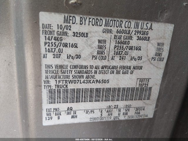 45070496 :رقم المزاد ، 1FTRW07L43KA96505 vin ، 2003 Ford F-150 Lariat/xlt مزاد بيع