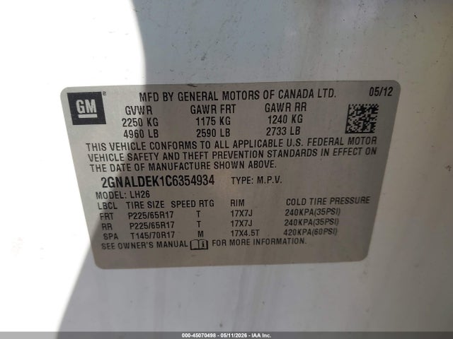 Продаж на аукціоні авто 2012 Chevrolet Equinox 1lt, vin: 2GNALDEK1C6354934, номер лоту: 45070498