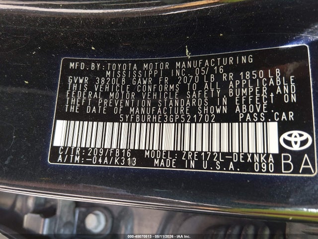 2016 Toyota Corolla Le მანქანა იყიდება აუქციონზე, vin: 5YFBURHE3GP521702, აუქციონის ნომერი: 45070513