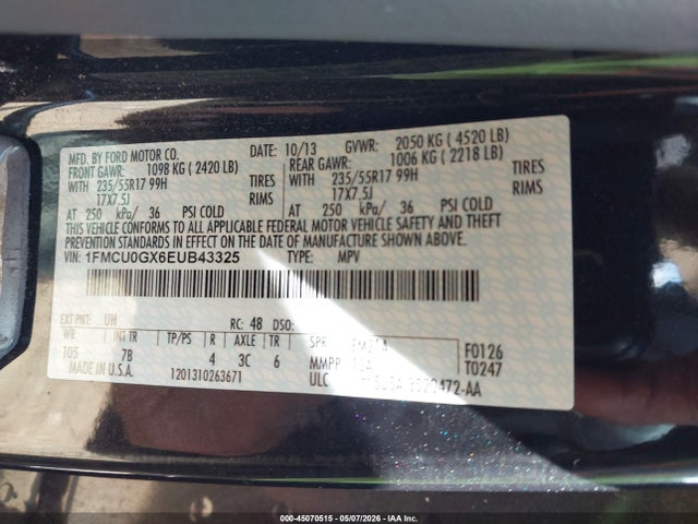 45070515 :رقم المزاد ، 1FMCU0GX6EUB43325 vin ، 2014 Ford Escape Se مزاد بيع