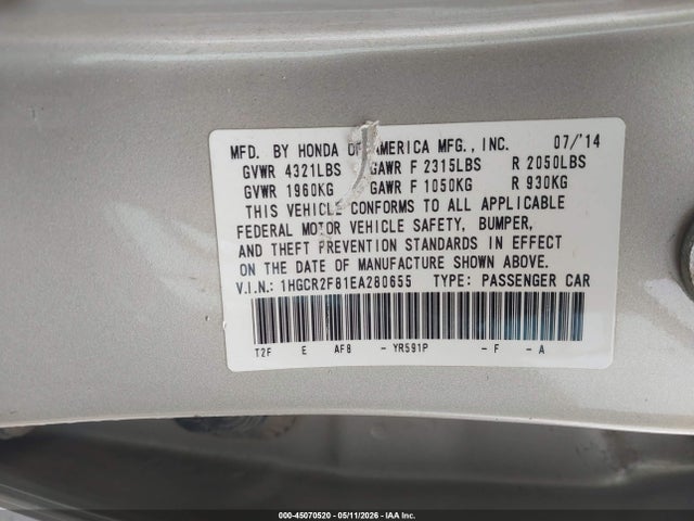 Aukcja sprzedaży 2014 Honda Accord Ex-l, vin: 1HGCR2F81EA280655, numer aukcji: 45070520