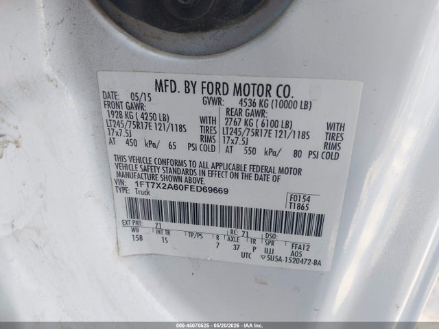 Продажа на аукционе авто 2015 Ford F-250 Xl, vin: 1FT7X2A60FED69669, номер лота: 45070525