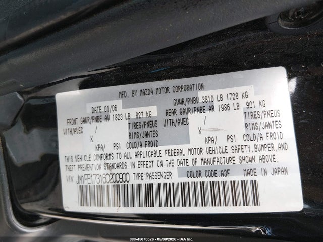 45070526 :رقم المزاد ، JM1FE173160200900 vin ، 2006 Mazda Rx-8 6 Speed Manual مزاد بيع