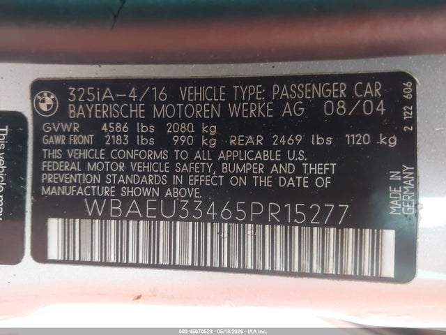 45070528 :رقم المزاد ، WBAEU33465PR15277 vin ، 2005 Bmw 325xi مزاد بيع