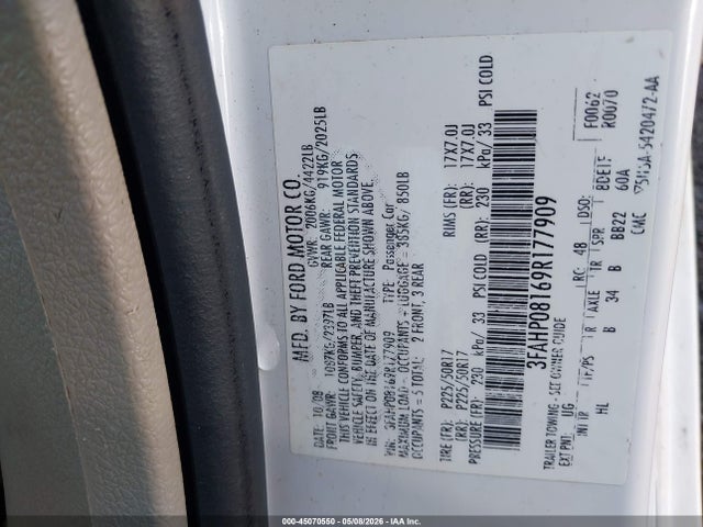 Продажа на аукционе авто 2009 Ford Fusion Sel, vin: 3FAHP08169R177909, номер лота: 45070550