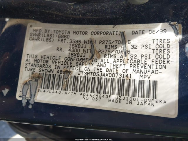 45070553 :رقم المزاد ، JT3HT05J4X0073141 vin ، 1999 Toyota Land Cruiser مزاد بيع