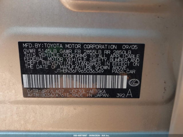 Продажа на аукционе авто 2006 Lexus Ls 430, vin: JTHBN36F965036349, номер лота: 45070567