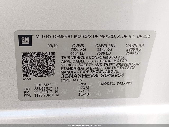 45070580 :رقم المزاد ، 3GNAXHEV8LS549954 vin ، 2020 Chevrolet Equinox Fwd Ls مزاد بيع