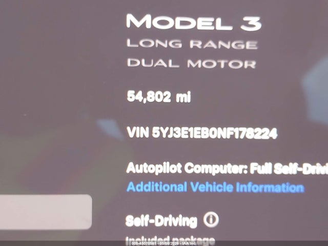45070581 :رقم المزاد ، 5YJ3E1EB0NF178224 vin ، 2022 Tesla Model 3 Long Range Dual Motor All-wheel Drive مزاد بيع