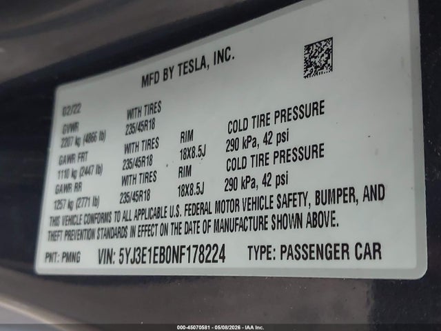 45070581 :رقم المزاد ، 5YJ3E1EB0NF178224 vin ، 2022 Tesla Model 3 Long Range Dual Motor All-wheel Drive مزاد بيع