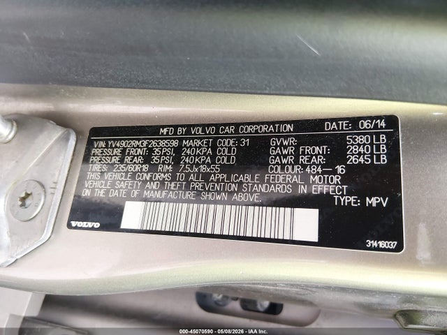 Продажа на аукционе авто 2015 Volvo Xc60 T6 Platinum, vin: YV4902RM3F2638598, номер лота: 45070590