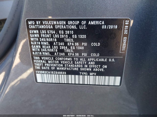 Aukcja sprzedaży 2019 Volkswagen Atlas 3.6l V6 Se, vin: 1V2DR2CA1KC548533, numer aukcji: 45070591