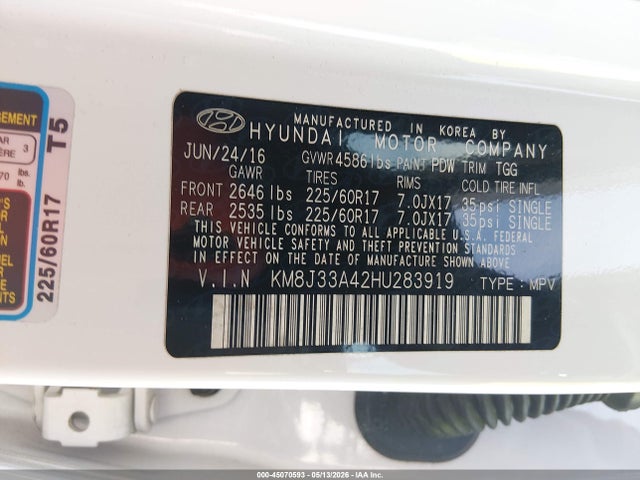 2017 Hyundai Tucson Se მანქანა იყიდება აუქციონზე, vin: KM8J33A42HU283919, აუქციონის ნომერი: 45070593