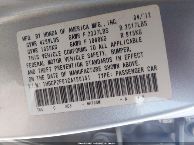 Aukcja sprzedaży 2012 Honda Accord 2.4 Se, vin: 1HGCP2F61CA150151, numer aukcji: 45070597