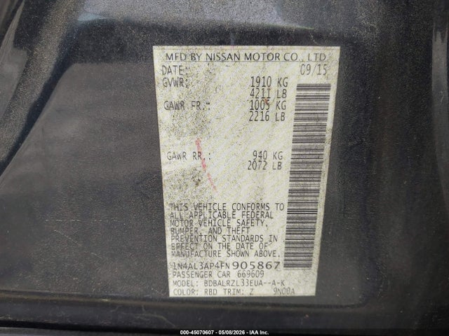 Auction sale of the 2015 Nissan Altima 2.5 Sl, vin: 1N4AL3AP4FN905867, lot number: 45070607
