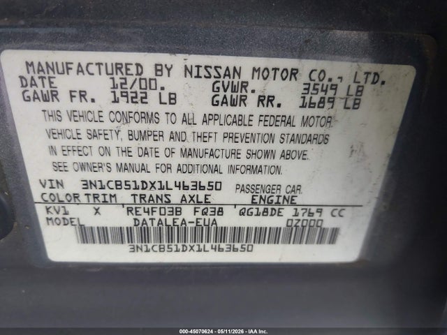 Продаж на аукціоні авто 2001 Nissan Sentra Gxe, vin: 3N1CB51DX1L463650, номер лоту: 45070624