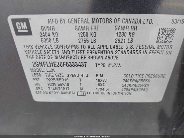 Aukcja sprzedaży 2015 Chevrolet Equinox Ltz, vin: 2GNFLHE30F6333437, numer aukcji: 45070630