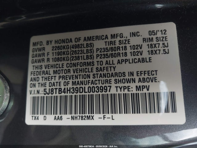 45070634 :رقم المزاد ، 5J8TB4H39DL003997 vin ، 2013 Acura Rdx مزاد بيع