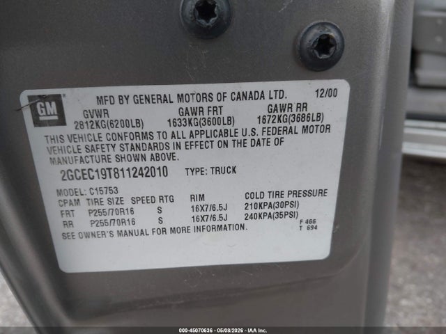 45070636 :رقم المزاد ، 2GCEC19T811242010 vin ، 2001 Chevrolet Silverado 1500 Lt مزاد بيع