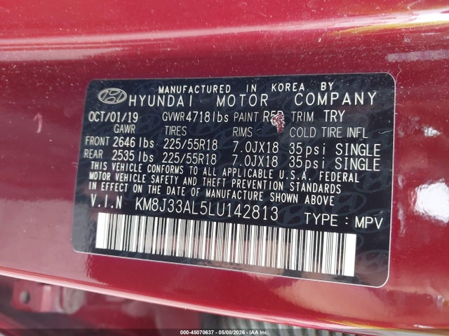 2020 Hyundai Tucson Sel მანქანა იყიდება აუქციონზე, vin: KM8J33AL5LU142813, აუქციონის ნომერი: 45070637