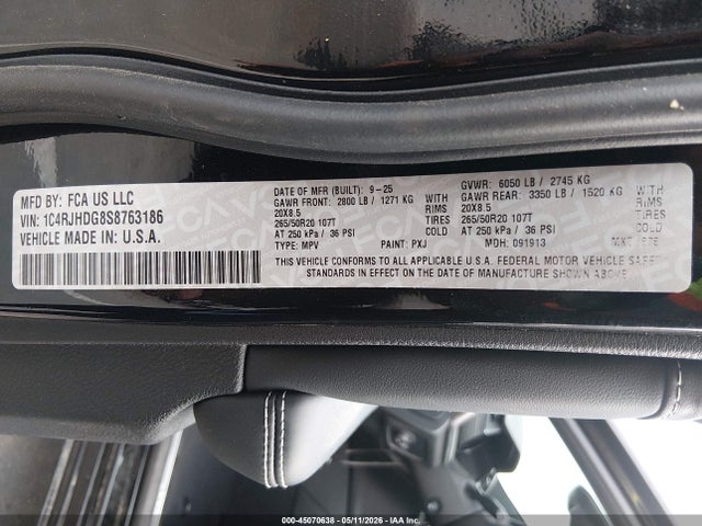 2025 Jeep Grand Cherokee Overland 4x4 მანქანა იყიდება აუქციონზე, vin: 1C4RJHDG8S8763186, აუქციონის ნომერი: 45070638