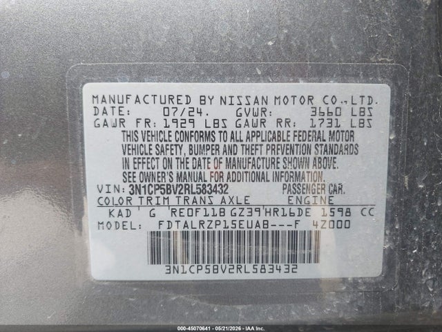 Aukcja sprzedaży 2024 Nissan Kicks S Xtronic Cvt, vin: 3N1CP5BV2RL583432, numer aukcji: 45070641