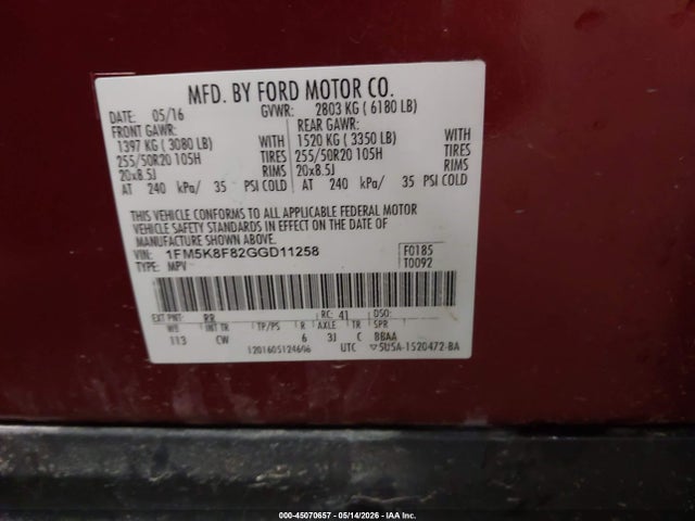 2016 Ford Explorer Limited მანქანა იყიდება აუქციონზე, vin: 1FM5K8F82GGD11258, აუქციონის ნომერი: 45070657