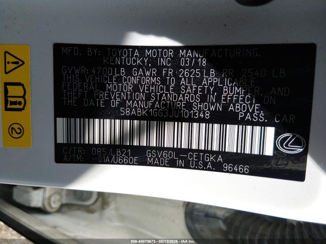45070673 :رقم المزاد ، 58ABK1GG3JU101348 vin ، 2018 Lexus Es 350 مزاد بيع