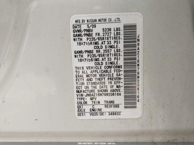 45070678 :رقم المزاد ، JN8AZ18W79W206164 vin ، 2009 Nissan Murano Sl مزاد بيع