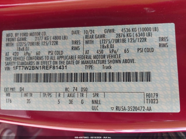 Продажа на аукционе авто 2024 Ford F-250 Xlt, vin: 1FT7W2BN1REF81431, номер лота: 45070683