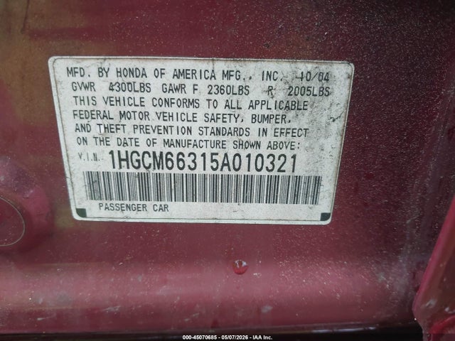 45070685 :رقم المزاد ، 1HGCM66315A010321 vin ، 2005 Honda Accord 3.0 Lx مزاد بيع