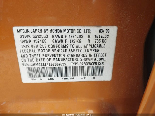 Aukcja sprzedaży 2009 Honda Fit Sport, vin: JHMGE88489S069332, numer aukcji: 45070700