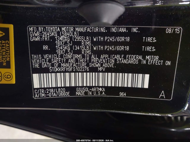Aukcja sprzedaży 2015 Toyota Highlander Xle V6, vin: 5TDKKRFH9FS102276, numer aukcji: 45070704