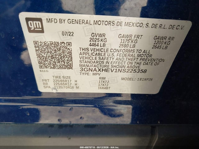 3GNAXHEV1NS225358 Chevrolet Equinox Fwd Ls