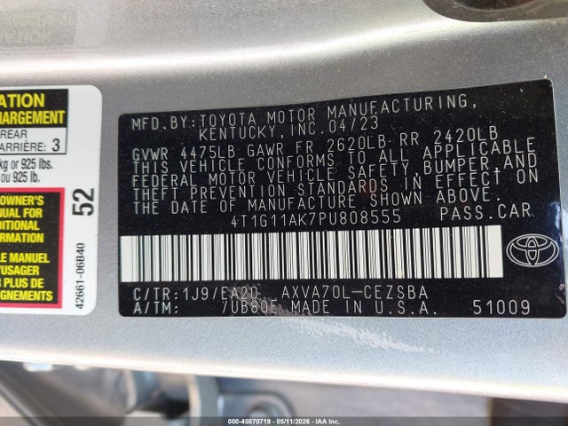 45070719 :رقم المزاد ، 4T1G11AK7PU808555 vin ، 2023 Toyota Camry Se مزاد بيع