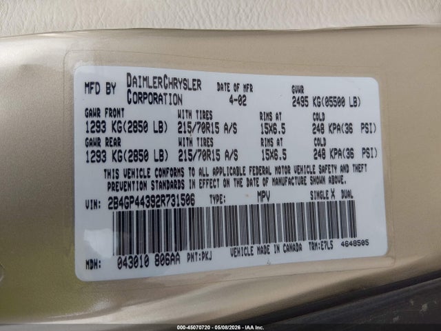 45070720 :رقم المزاد ، 2B4GP44392R731506 vin ، 2002 Dodge Grand Caravan Sport مزاد بيع