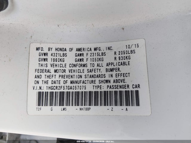 Продаж на аукціоні авто 2016 Honda Accord Sport, vin: 1HGCR2F57GA057075, номер лоту: 45070728