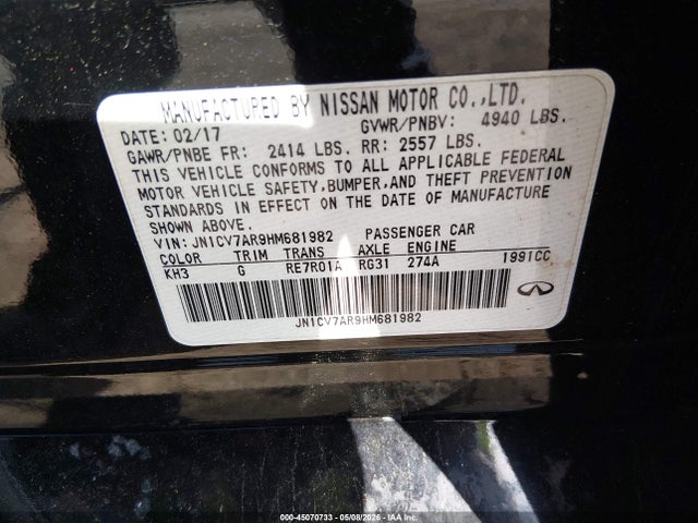 2017 Infiniti Q50 2.0t Base მანქანა იყიდება აუქციონზე, vin: JN1CV7AR9HM681982, აუქციონის ნომერი: 45070733