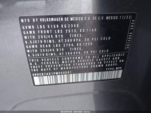Продаж на аукціоні авто 2023 Volkswagen Tiguan 2.0t Se R-line Black, vin: 3VVCB7AX1PM040561, номер лоту: 45070736