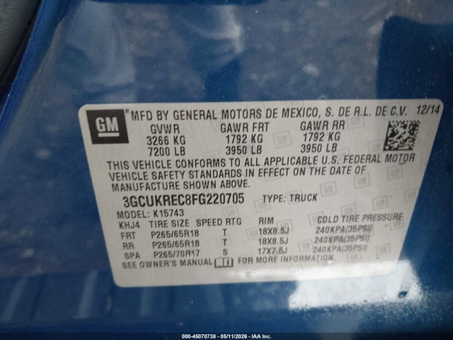 Продажа на аукционе авто 2015 Chevrolet Silverado 1500 1lt, vin: 3GCUKREC8FG220705, номер лота: 45070738
