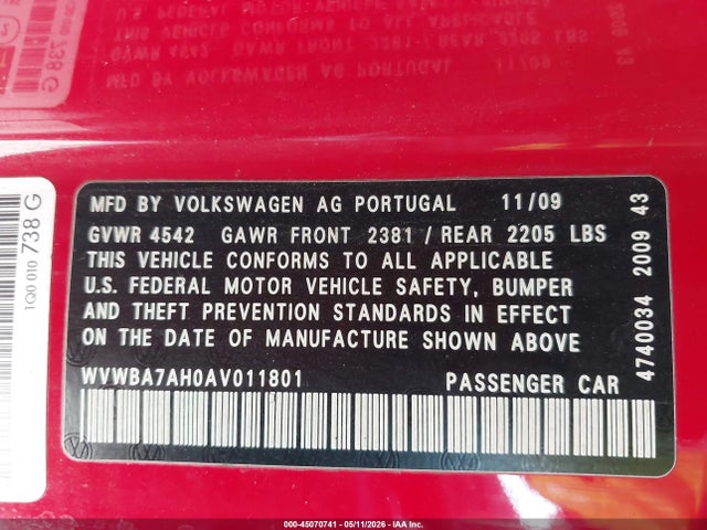 45070741 :رقم المزاد ، WVWBA7AH0AV011801 vin ، 2010 Volkswagen Eos Komfort مزاد بيع