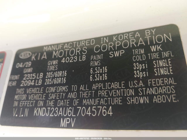 45070753 :رقم المزاد ، KNDJ23AU6L7045764 vin ، 2020 Kia Soul Lx مزاد بيع