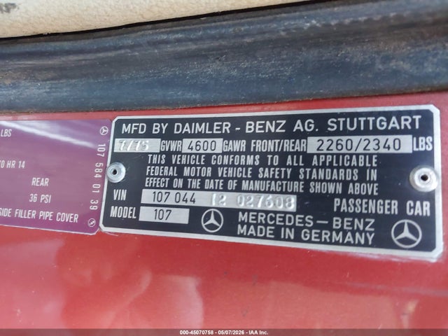 45070758 :رقم المزاد ، 10704412027608 vin ، 1975 Mercedes-benz Sl 450 مزاد بيع