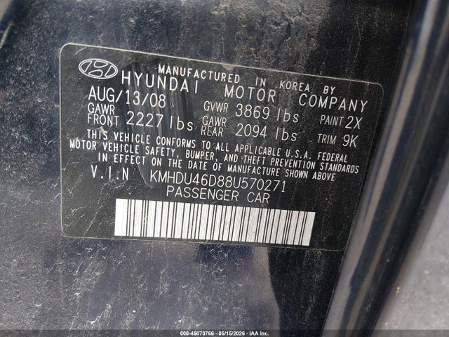 45070766 :رقم المزاد ، KMHDU46D88U570271 vin ، 2008 Hyundai Elantra Gls/se مزاد بيع