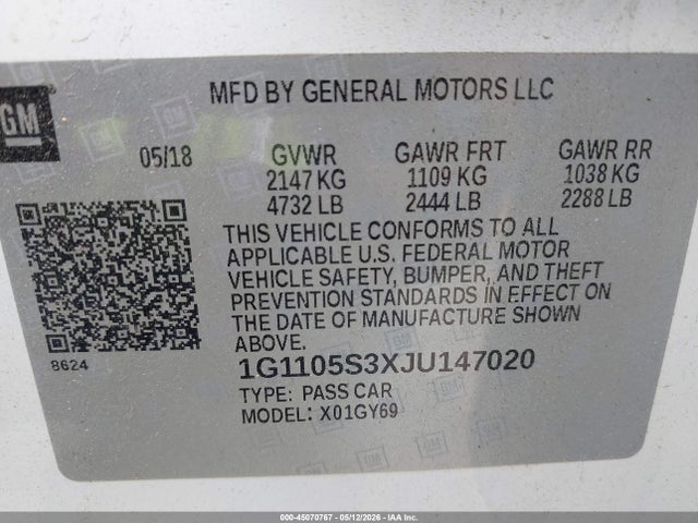 45070767 :رقم المزاد ، 1G1105S3XJU147020 vin ، 2018 Chevrolet Impala 1lt مزاد بيع