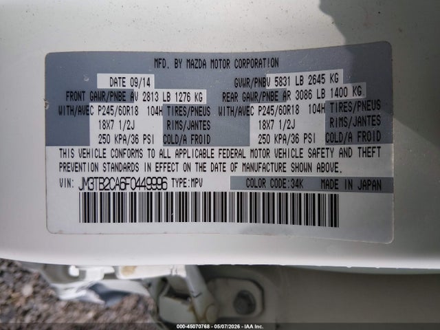 Aukcja sprzedaży 2015 Mazda Cx-9 Touring, vin: JM3TB2CA6F0449996, numer aukcji: 45070768