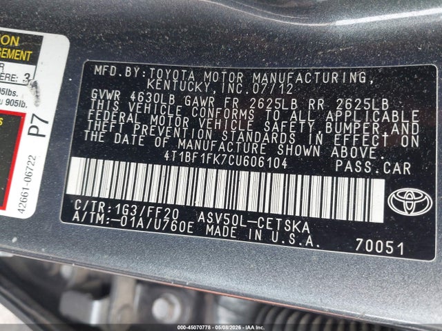 Aukcja sprzedaży 2012 Toyota Camry Se, vin: 4T1BF1FK7CU606104, numer aukcji: 45070778
