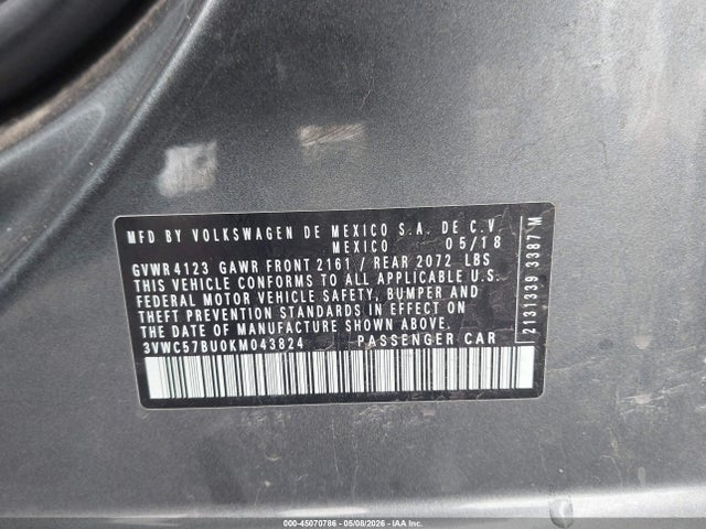 45070786 :رقم المزاد ، 3VWC57BU0KM043824 vin ، 2019 Volkswagen Jetta 1.4t R-line/1.4t S/1.4t Se مزاد بيع