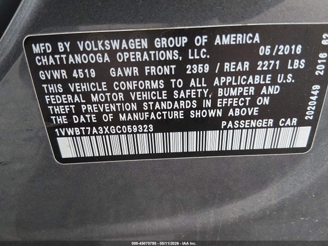 45070795 :رقم المزاد ، 1VWBT7A3XGC059323 vin ، 2016 Volkswagen Passat 1.8t Se مزاد بيع